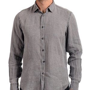 Malo Men's 100% Linen Gray Long Sleeve Dress Shirt